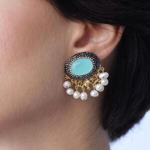 Real Pearl Earrings Gold Plated and Real Turquoise Stone Handmade Design